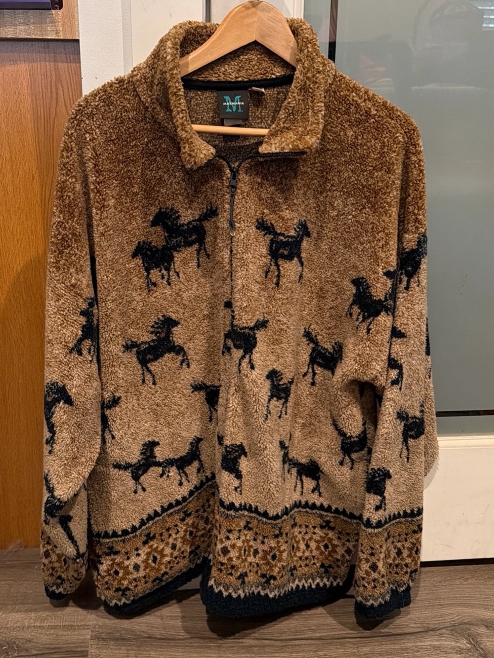 Equine Plush Zip-Front Sweater Jacket - Brown with Black Horse Motif
